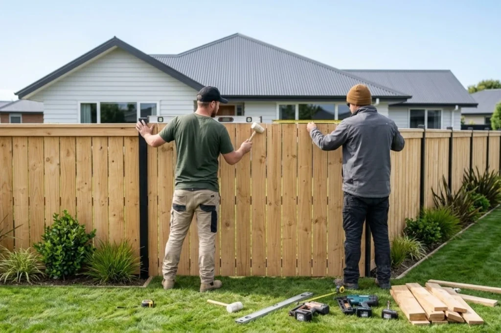 About us team at Fence Builders Palmerston North carefully installing a timber boundary fence with precision tools and craftsmanship.