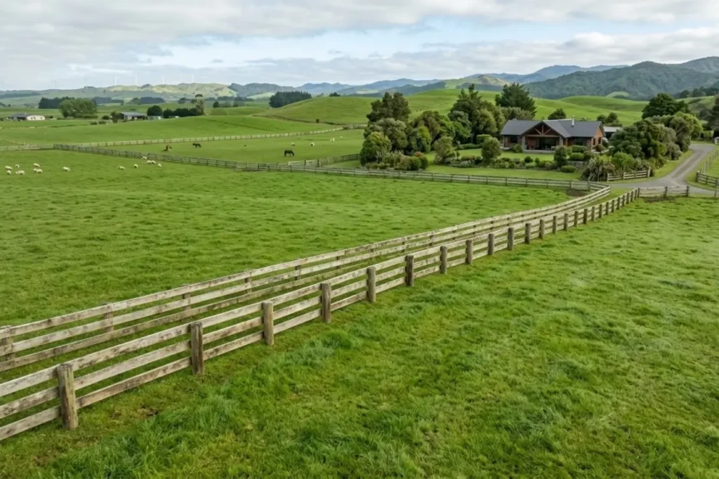 Rural timber post and rail fence reflecting awards level fencing expertise from Fence Builders Palmerston North in open countryside landscape.
