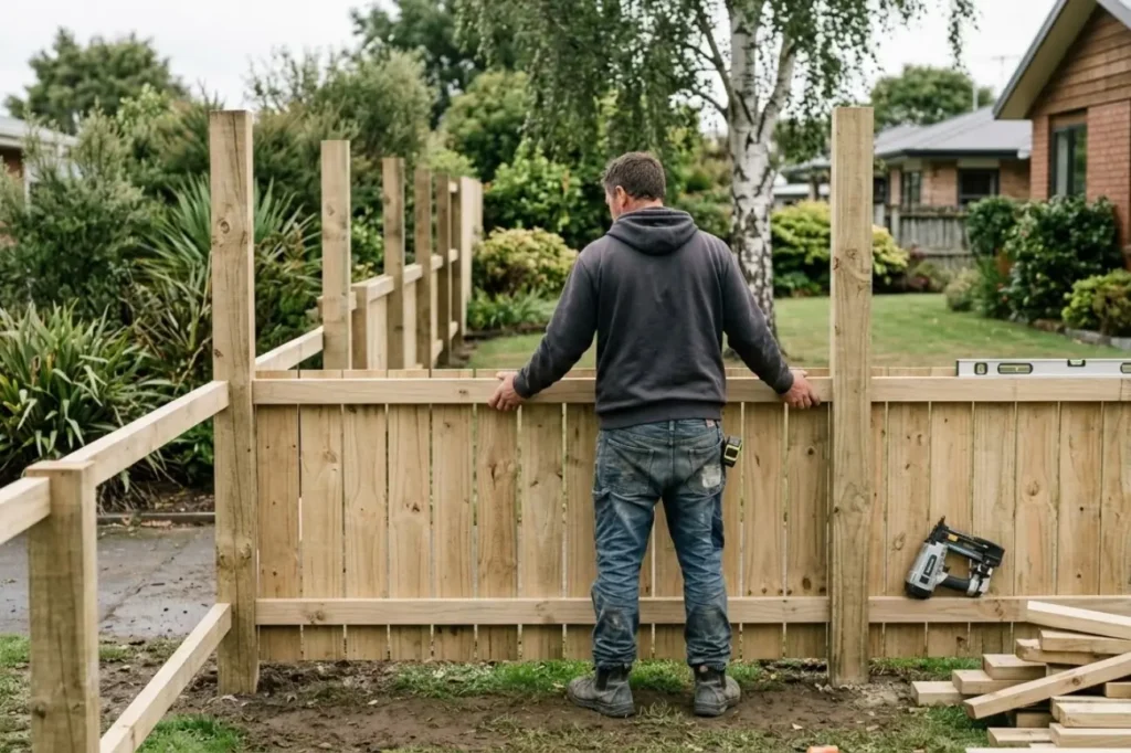 A skilled contractor ensuring precision during a project by the best fence builders in Palmerston North.
