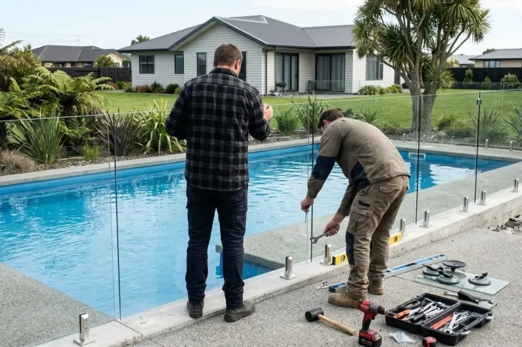 Professional installers ensuring enhanced safety and compliance for glass pool fencing in a residential backyard by Fence Builders Palmerston North.