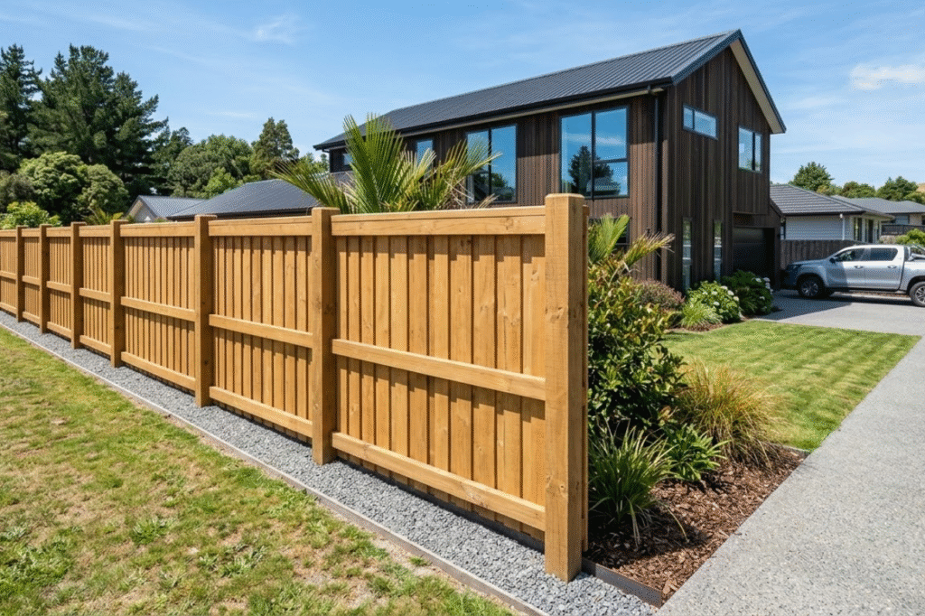A professionally finished, modern horizontal timber fence installed by the best fence builders in Palmerston North.