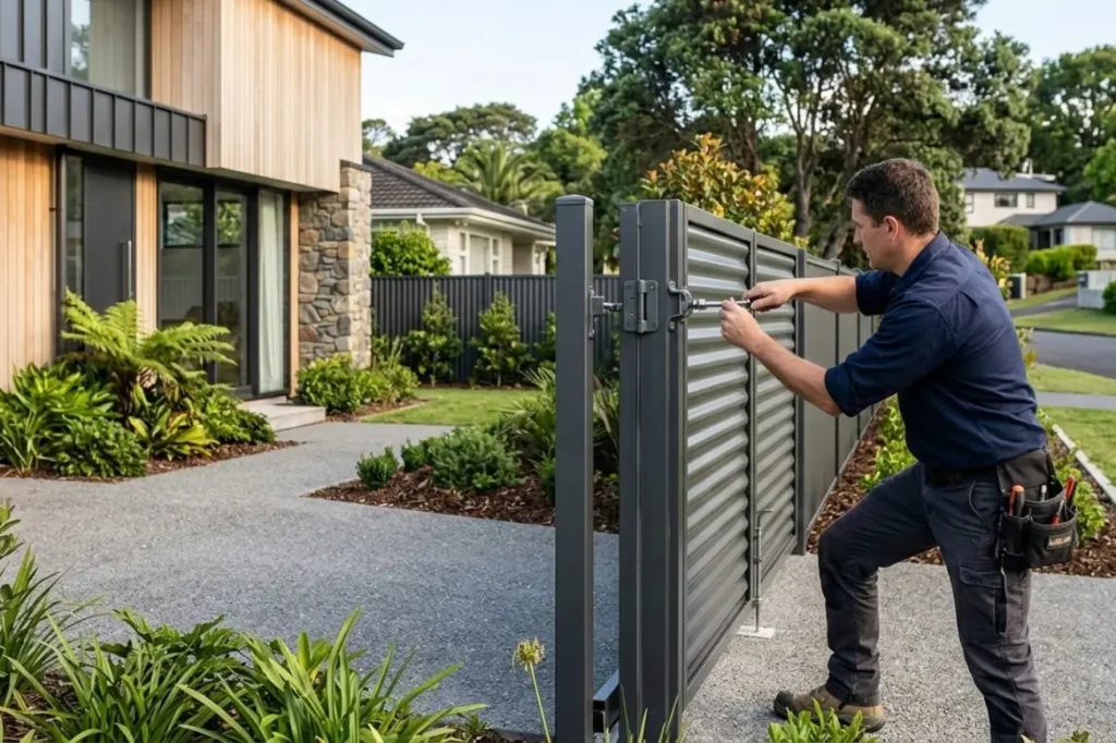 A specialist from Fence Builders Palmerston North performing maintenance by adjusting the heavy-duty gate hinges of a corrugated Colorbond Fencing system.
