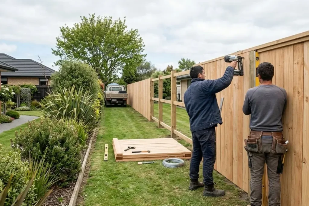 Skilled team members working as the top rated fence builders in Palmerston North to complete a seriously impressive fencing installation.