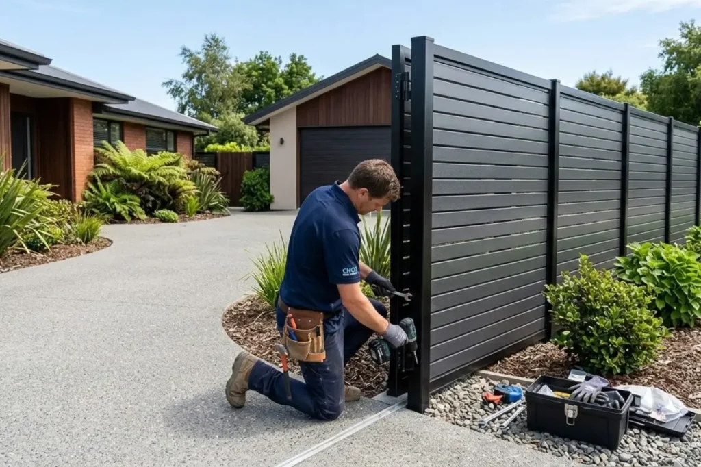 A technician performing maintenance and hardware adjustment on a black aluminum Custom Fence Design by Fence Builders Palmerston North.
