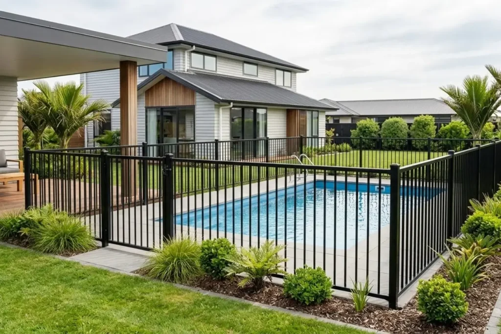 Modern frameless glass pool fencing provides a secure and clear barrier around a luxury swimming pool installation by Fence Builders Palmerston North.