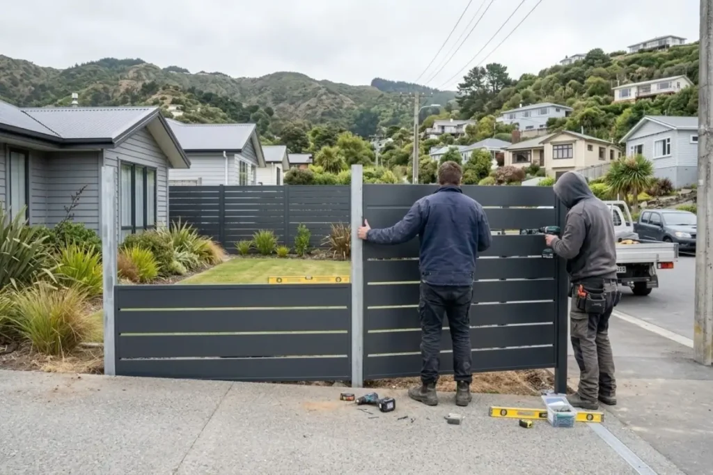 Two expert installers precisely fitting grey horizontal slat Colorbond Fencing panels for a residential property by Fence Builders Palmerston North.