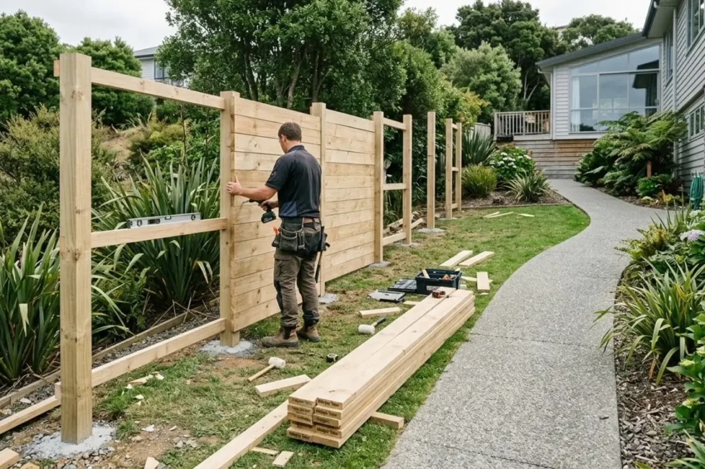 A professional builder installing a timber Custom Fence Design for a residential property by Fence Builders Palmerston North.