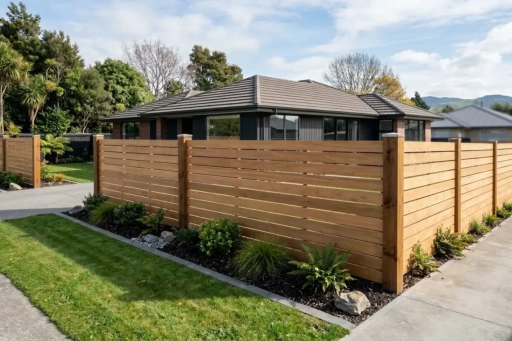 A professionally finished timber boundary fence installed by the top rated fence builders in Palmerston North for a seriously impressive look.