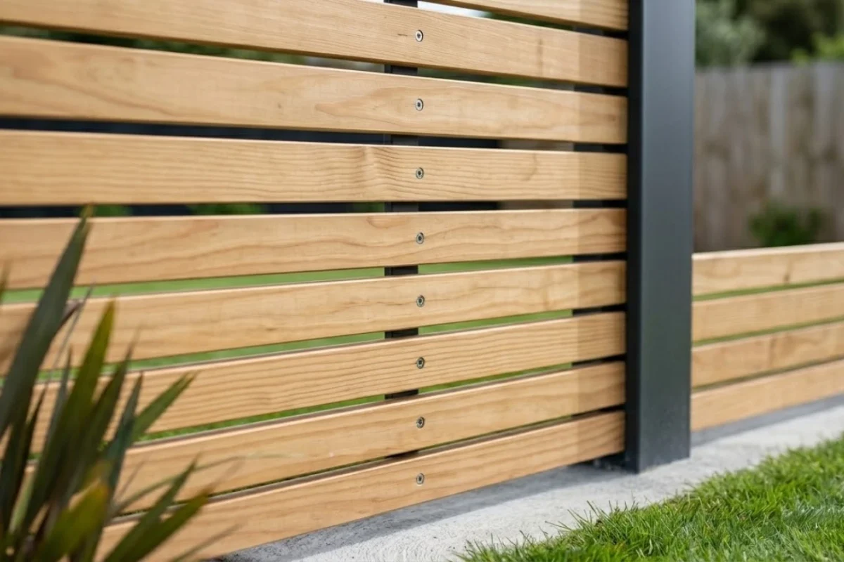About Us Fence Builders Palmerston North Commitment To Craftsmanship In Modern Timber Fencing About us craftsmanship by Fence Builders Palmerston North featuring a modern horizontal timber fence with precise finishing and strong metal posts.