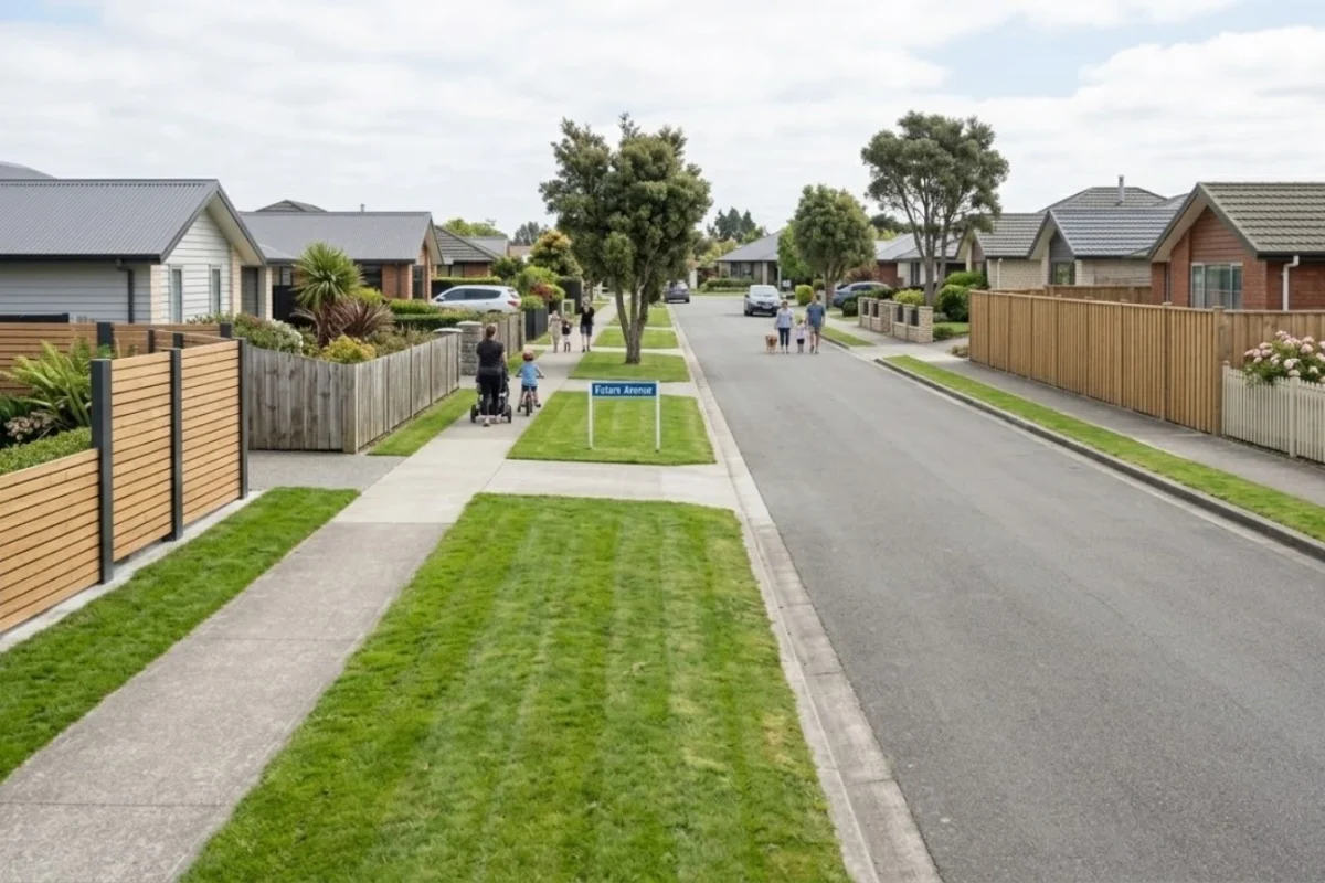 About Us Fence Builders Palmerston North Vision For The Community Through Quality Fencing About us vision by Fence Builders Palmerston North showing a well maintained neighborhood with modern residential fencing.