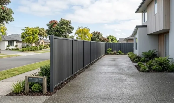 Clean Modern Colorbond Fencing By Fence Builders Palmerston North A pristine grey Colorbond Fencing driveway boundary showing no signs of wear or rust by Fence Builders Palmerston North.