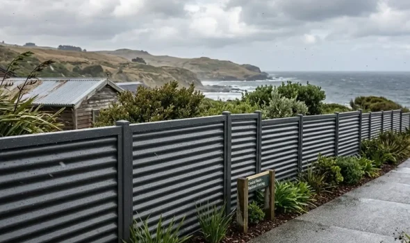 Coastal Colorbond Fencing By Fence Builders Palmerston North A durable corrugated Colorbond Fencing perimeter installed on a windswept coastal property by Fence Builders Palmerston North.