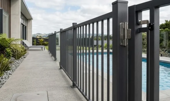 Sleek black aluminum fencing integrated with glass panels showcasing customisable styles to suit your property by Fence Builders Palmerston North.