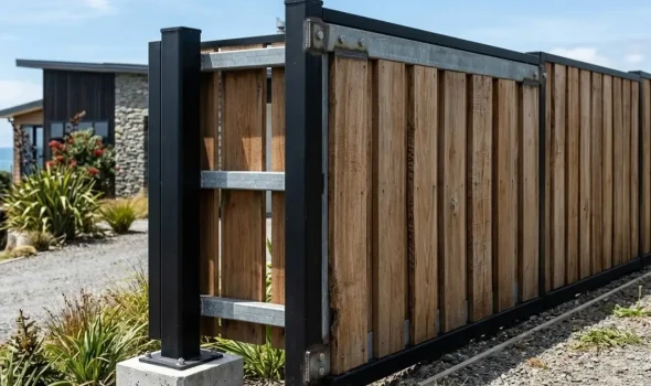A heavy-duty industrial Custom Fence Design featuring high-quality timber and galvanized steel posts by Fence Builders Palmerston North.