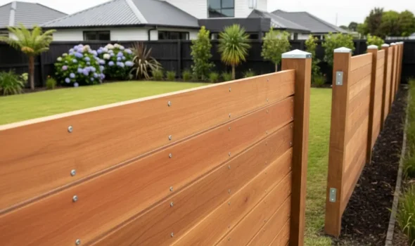 A beautifully finished light timber fence showcasing high-quality materials from Fence Builders Palmerston North.