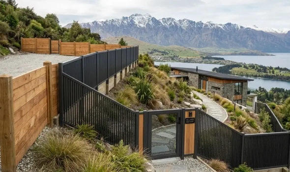 A high-end industrial Custom Fence Design featuring timber slats and black steel posts installed by Fence Builders Palmerston North.