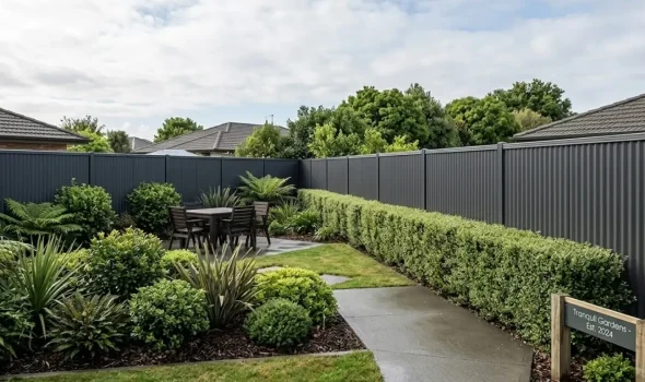 Private Residential Backyard With Colorbond Fencing By Fence Builders Palmerston North A tall dark grey Colorbond Fencing perimeter enclosing a lush landscaped garden and outdoor dining area by Fence Builders Palmerston North.
