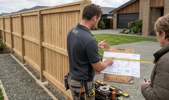 A durable industrial style Custom Fence Design featuring timber and steel installed by Fence Builders Palmerston North.