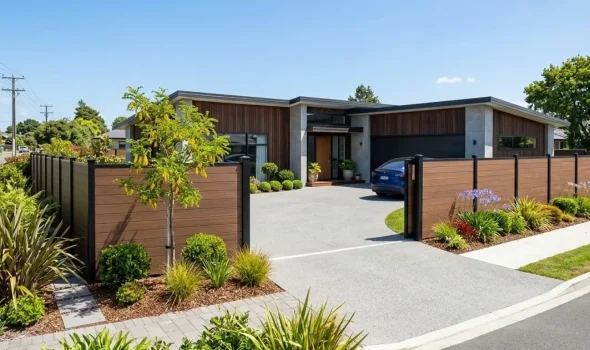 A high-end Custom Fence Design combining natural timber and modern black steel posts installed by Fence Builders Palmerston North.