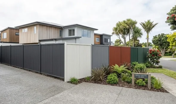 Versatile Colour Range For Colorbond Fencing By Fence Builders Palmerston North A display of various Colorbond Fencing panels in different shades including cream, grey, red, and green by Fence Builders Palmerston North.